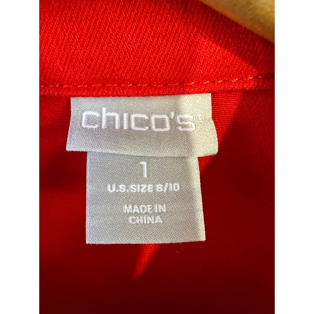Chico's Denim Jacket Frayed Hem Button Front Women's M Red Excellent - Picture 2 of 7